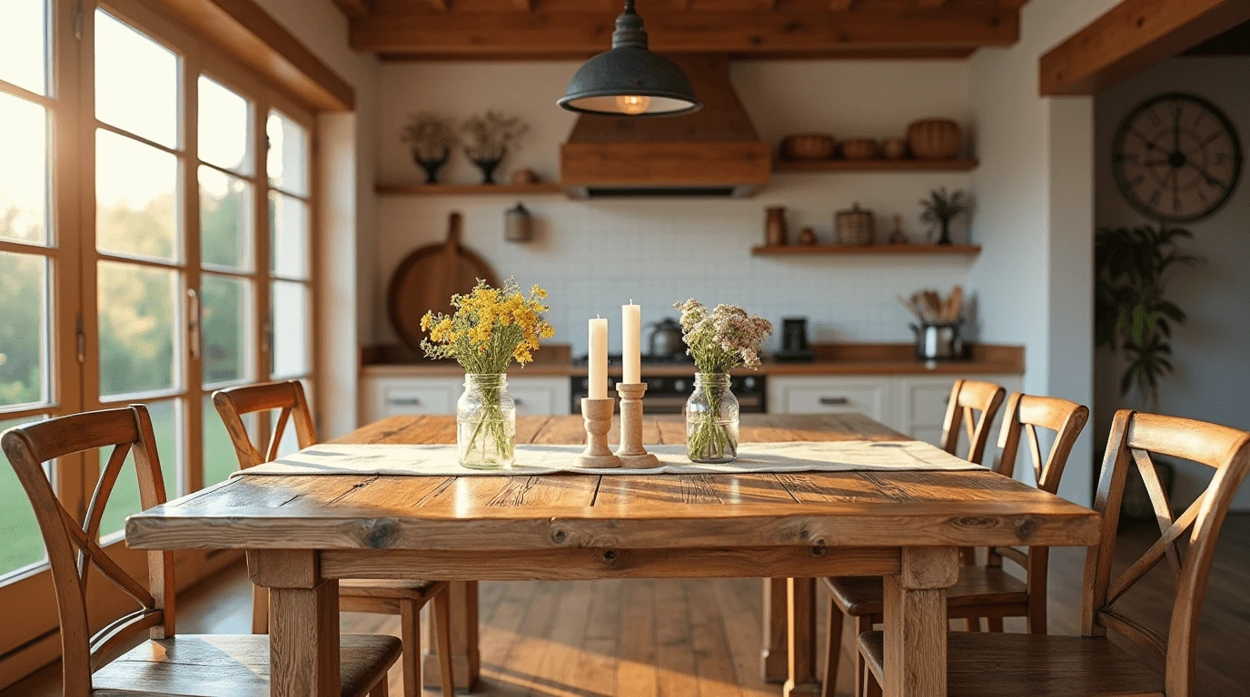 Modern farmhouse kitchen table setup with wooden chairs, neutral decor, and ambient lighting in a stylish, rustic dining area.