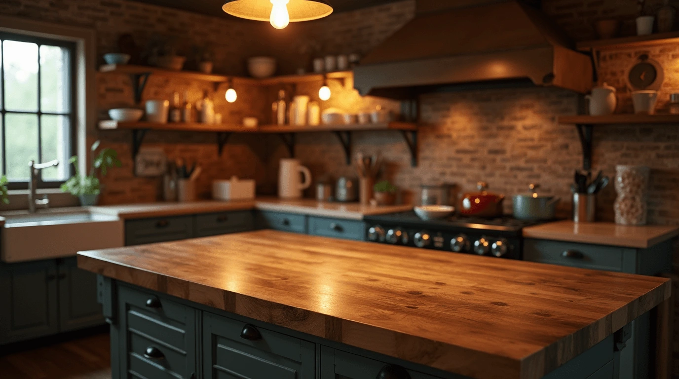 A large, rustic wood kitchen island with a butcher block countertop, surrounded by warm lighting in a cozy kitchen.