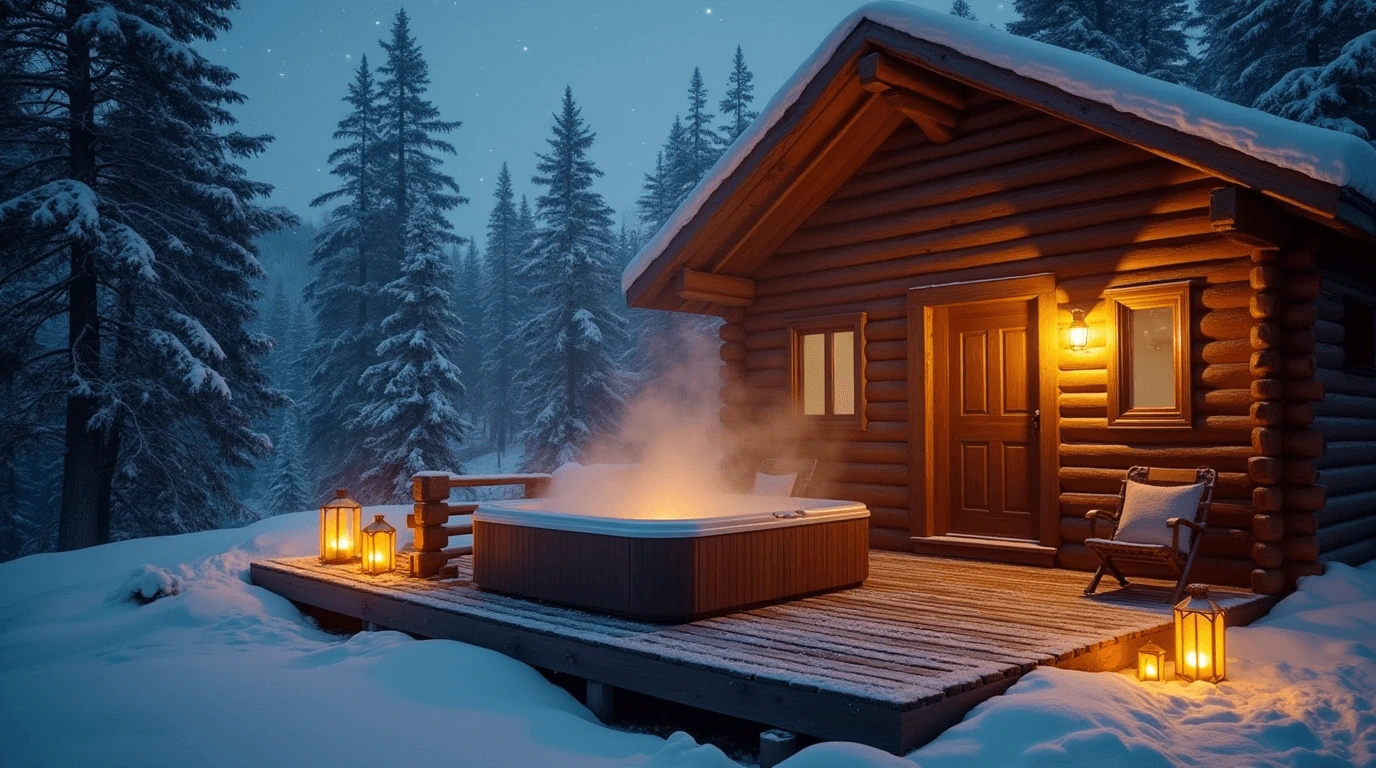 Cozy cabin in the mountains with a steaming outdoor hot tub, surrounded by snow-covered trees and illuminated by warm lanterns at dusk.