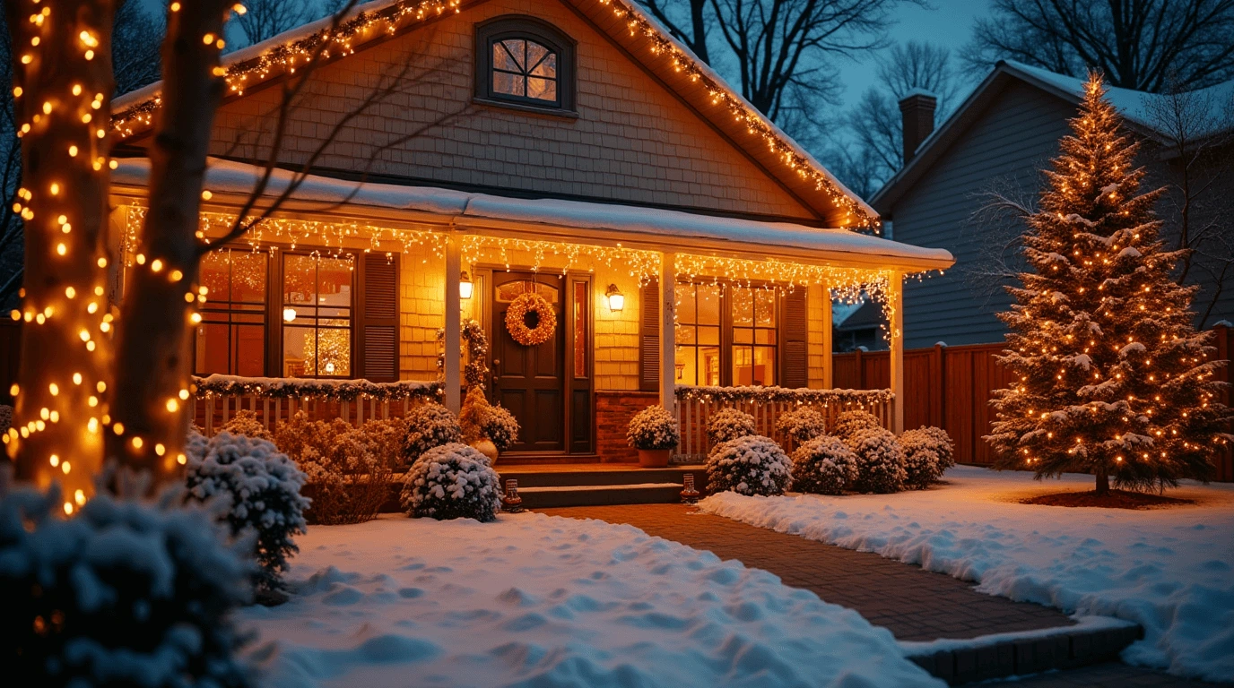 Outdoor Christmas decorations clearance—A beautifully decorated front yard with LED Christmas lights, a festive wreath, and snow-covered bushes.