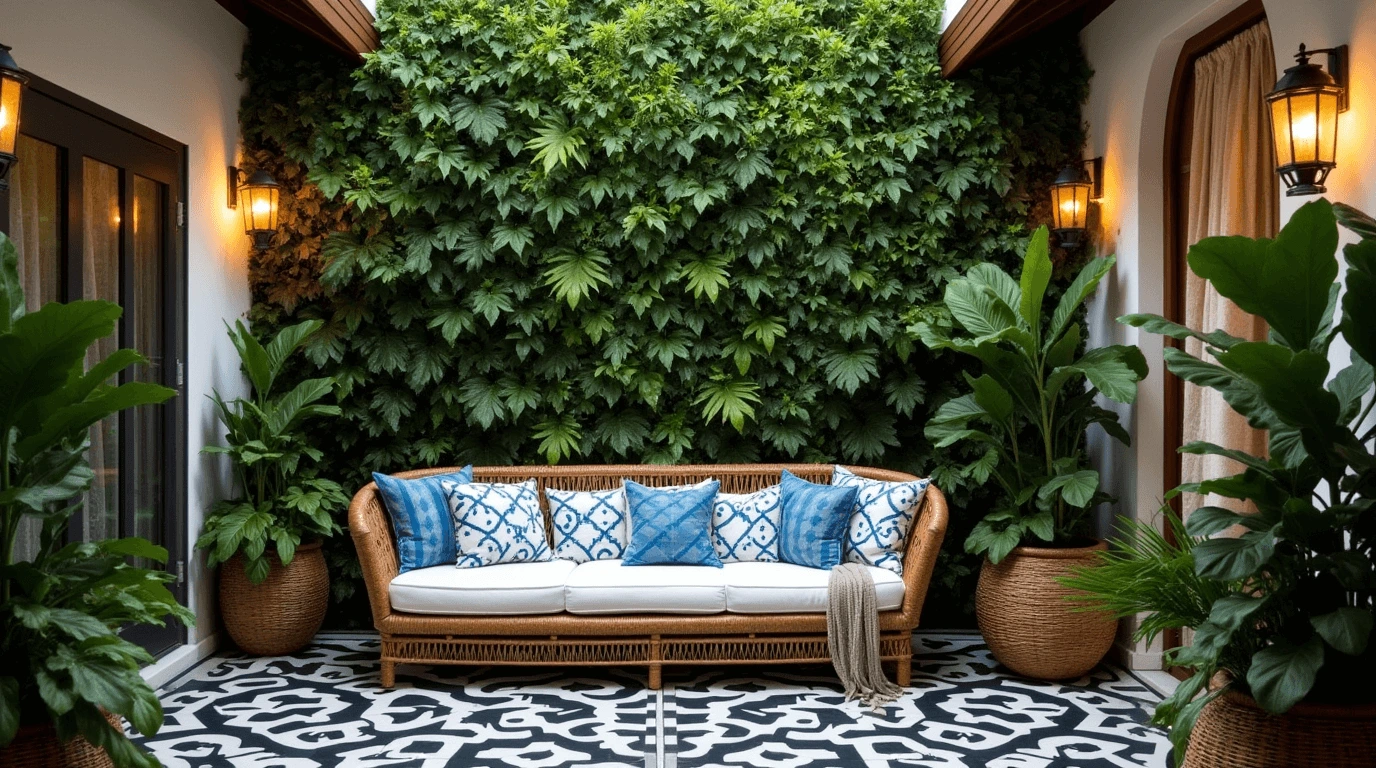 A stylish outdoor courtyard with a lush green vertical garden, a rattan sofa adorned with blue and white patterned cushions, and a black-and-white geometric tile floor.