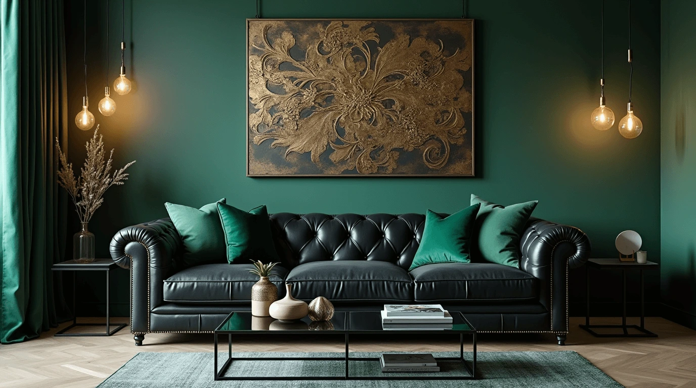Modern living room with black leather sofa and gold metallic metal wall art above.