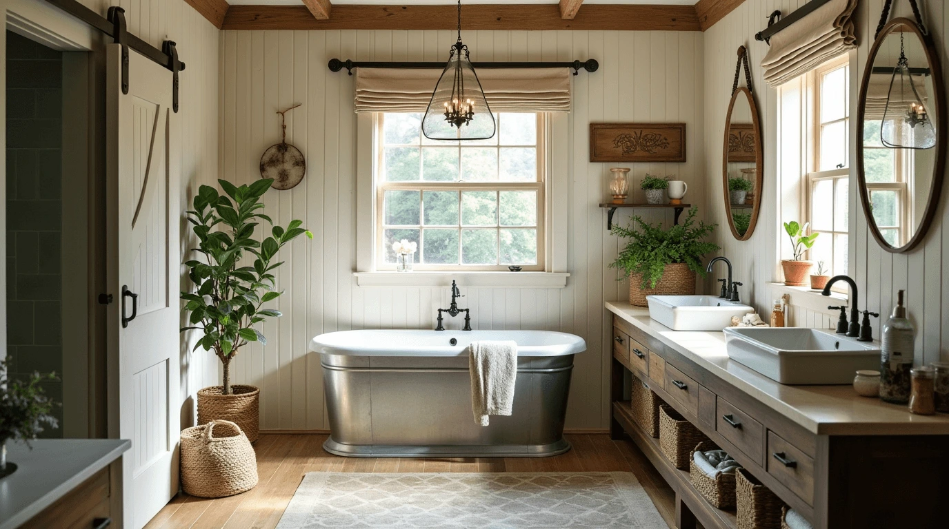 Farmhouse bathroom with a vintage bathtub, rustic wood vanity, and natural elements like plants and woven baskets.