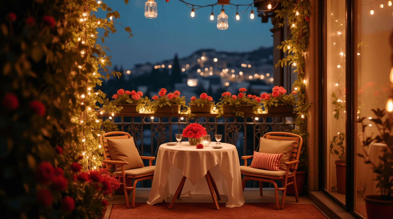 A beautifully decorated balcony set up for a romantic outdoor Valentine’s Day dinner, featuring soft string lights, red roses, and an intimate table for two with a city view at night.