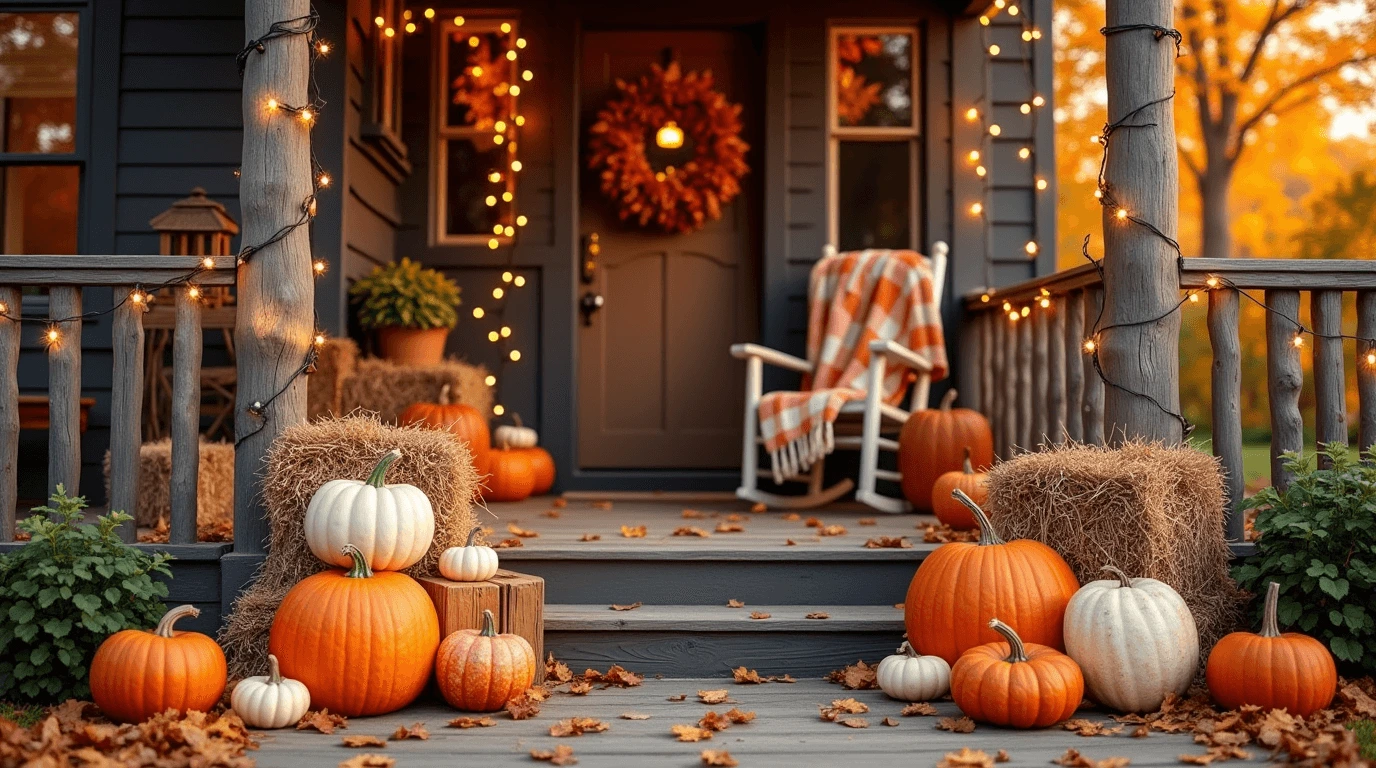 Outdoor pumpkins for porch decor featuring vibrant orange and white pumpkins, rustic hay bales, warm string lights, and a cozy rocking chair with a plaid blanket, creating the perfect autumn ambiance.