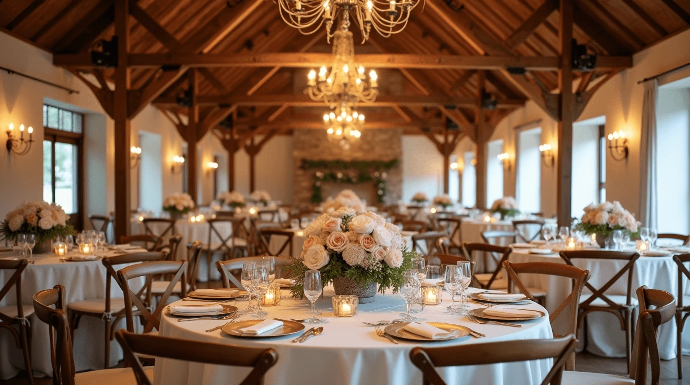 Elegant rustic bridal shower venue with wooden beams, warm chandeliers, floral centerpieces, and candlelit tables, creating a cozy ambiance.