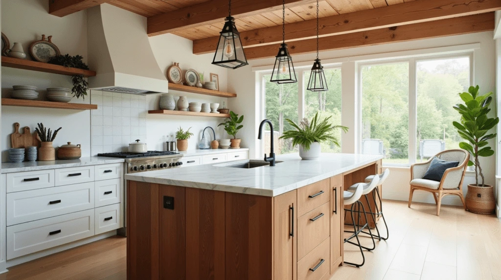 A bright farmhouse-style kitchen featuring a large wooden kitchen island with a sleek white marble countertop, pendant lighting, and open wooden shelves adorned with ceramic and natural decor.