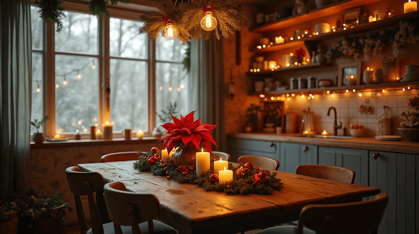 A cozy Christmas kitchen decorated with warm fairy lights, a rustic wooden dining table adorned with a festive poinsettia centerpiece, candles, and garland, creating a magical holiday ambiance.