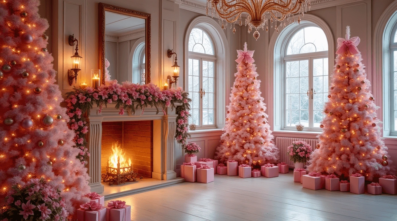 Elegant pink Christmas decor featuring two beautifully adorned pink Christmas trees, a cozy fireplace, and festive pink garlands with glowing lights.