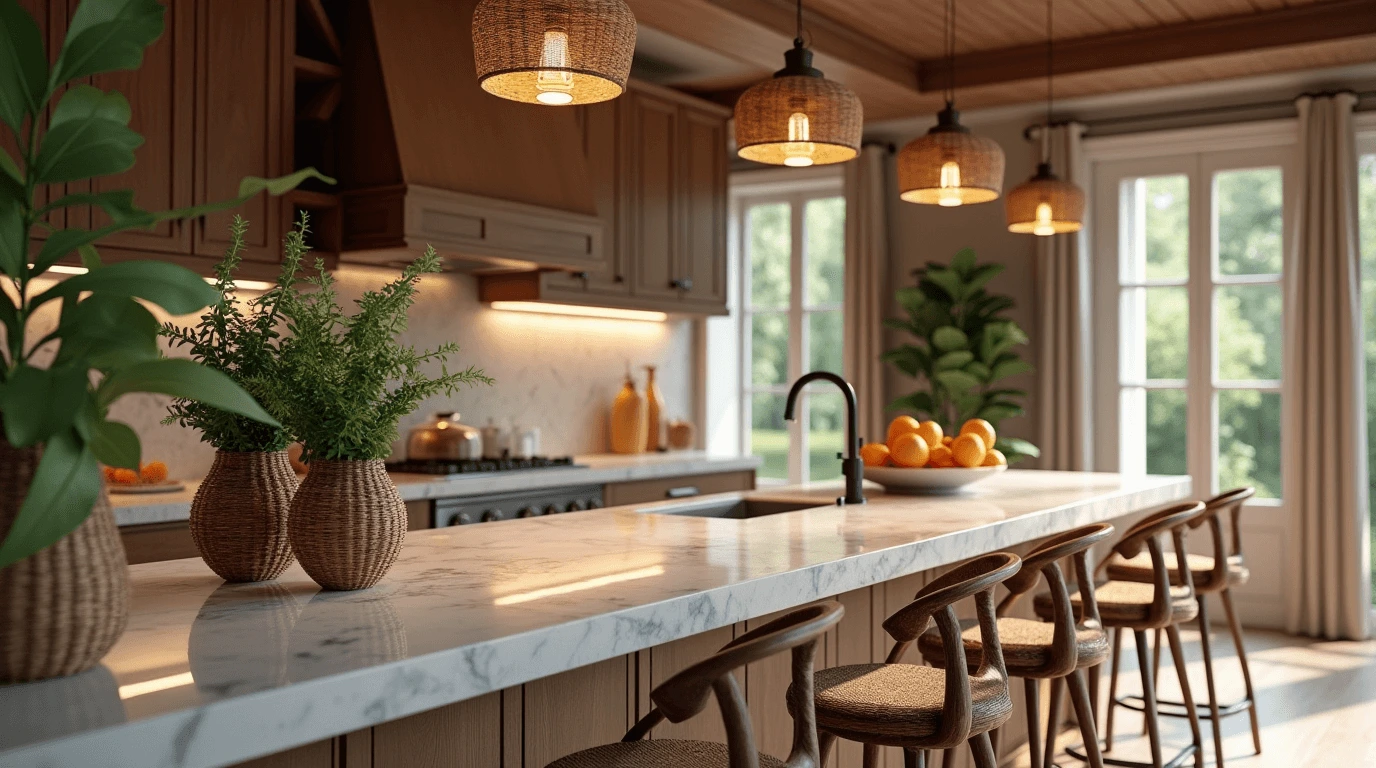 A modern kitchen island with a marble countertop, wicker vases with greenery, warm pendant lighting, and wooden bar stools creating a cozy and elegant ambiance