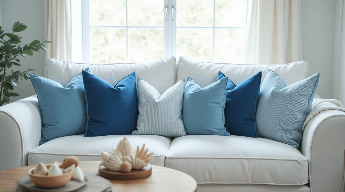 Blue throw pillows arranged on a white sofa in a well-lit living room, featuring soft textures and a mix of navy, sky blue, and striped designs. Cozy and elegant home decor.
