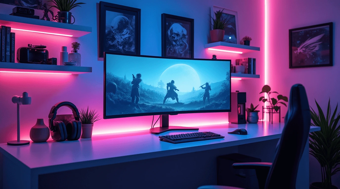 A modern game room setup featuring a sleek white desk, ultra-wide curved monitor, RGB LED lighting in pink and blue hues, and stylish floating shelves with gaming accessories. The perfect blend of aesthetics and functionality for an immersive gaming experience.