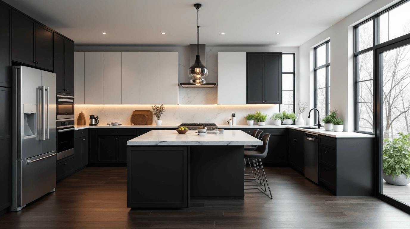 Sleek black and white kitchen ideas with a spacious island and pendant lighting.