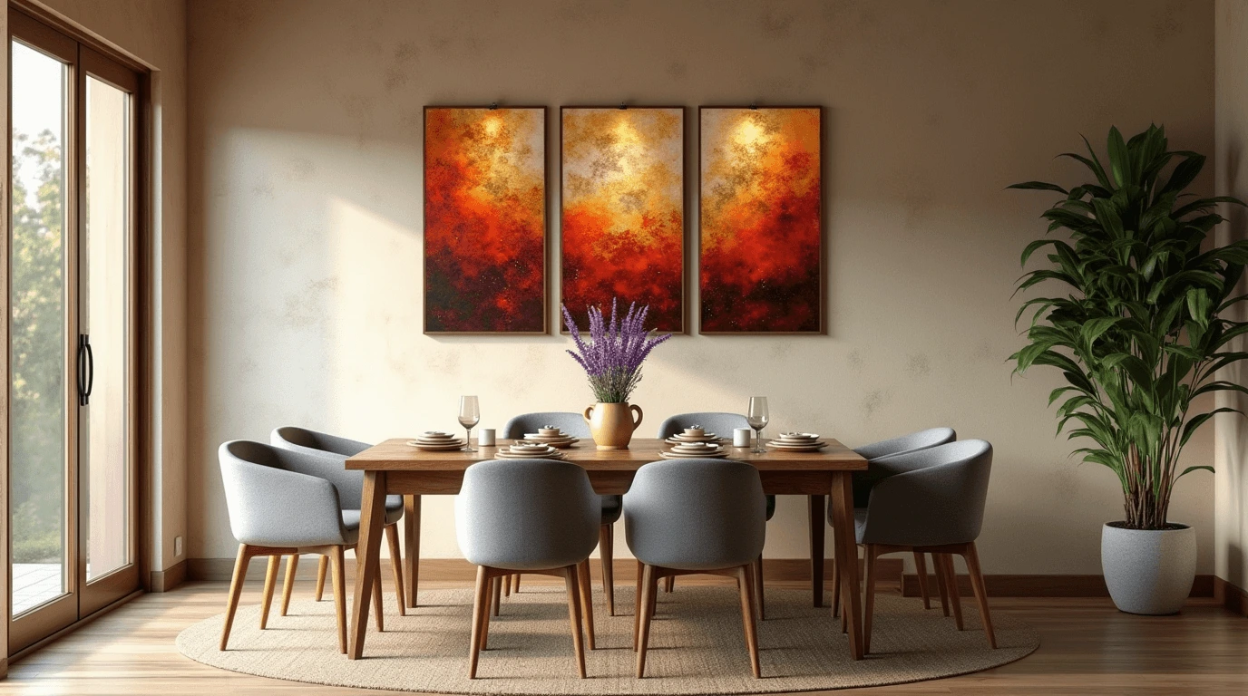 A cozy dining room featuring a wooden table, six upholstered chairs in soft gray, and a triptych of fiery red and orange abstract paintings. A large green plant and natural light enhance the warm atmosphere.