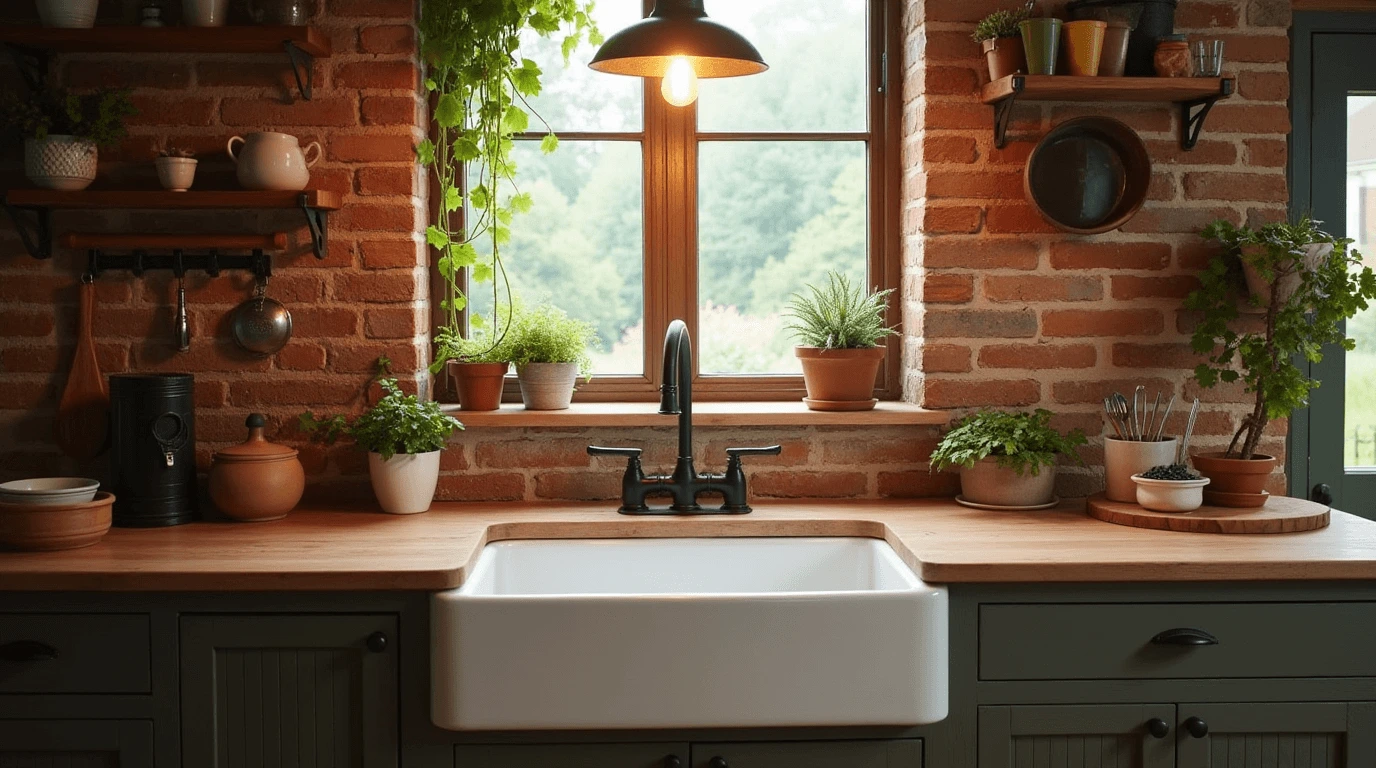 Vintage farmhouse sink with black faucet, surrounded by plants and natural wood countertops in a rustic kitchen setting.