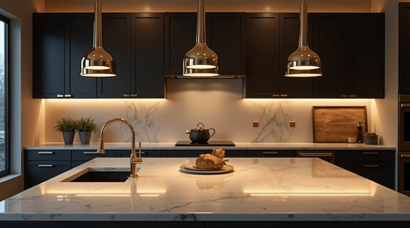 Elegant kitchen island lighting with gold pendant lights illuminating a modern marble countertop, creating a warm and stylish ambiance.