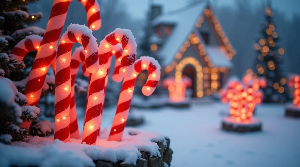 Illuminated candy cane decorations covered in snow, glowing warmly in a festive outdoor setting, with a cozy house adorned with Christmas lights in the background.