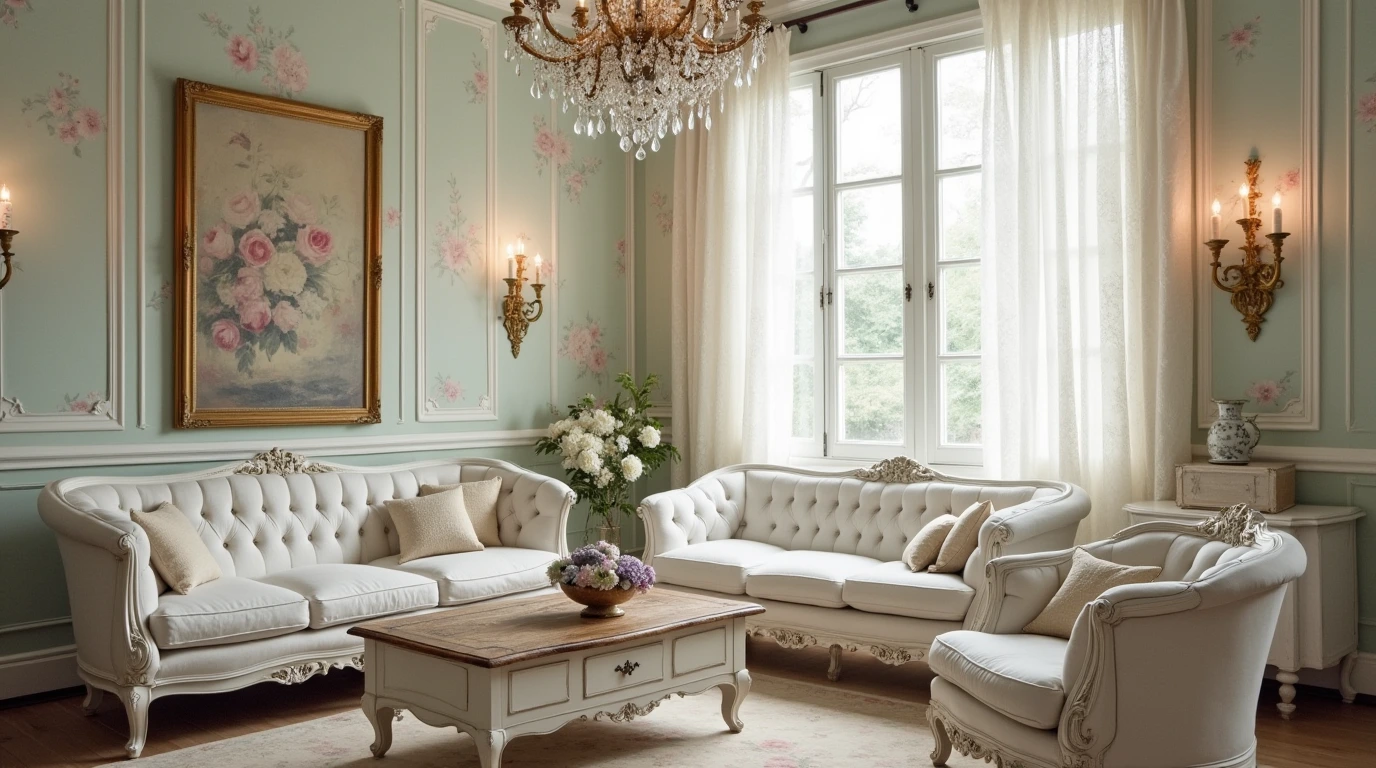 Elegant French vintage decor featuring a classic living room with tufted white sofas, an ornate crystal chandelier, pastel floral wallpaper, and distressed wooden furniture