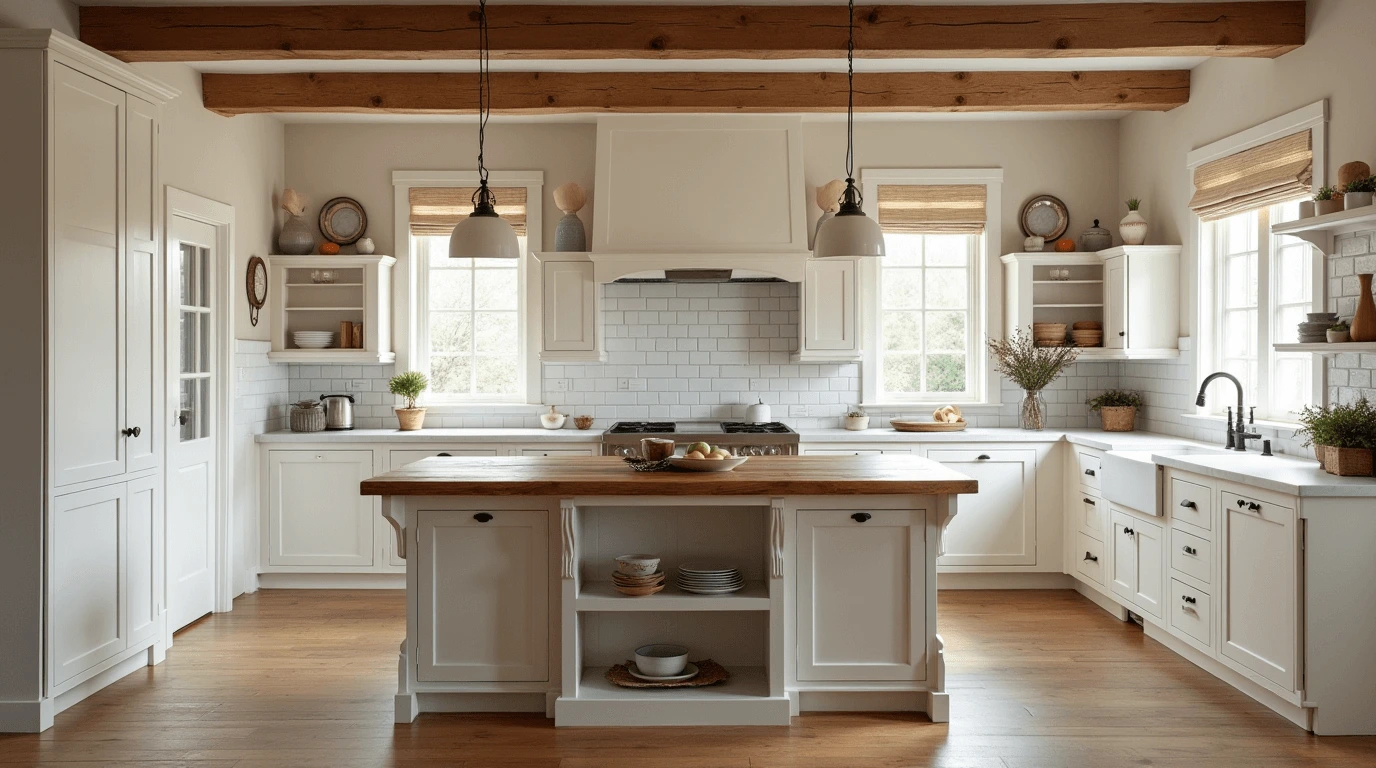 How to decorate above kitchen cabinets in a charming farmhouse-style kitchen. This bright and airy space features white cabinetry, exposed wooden beams, a rustic wooden island, and stylish decor above the cabinets, adding warmth and character.