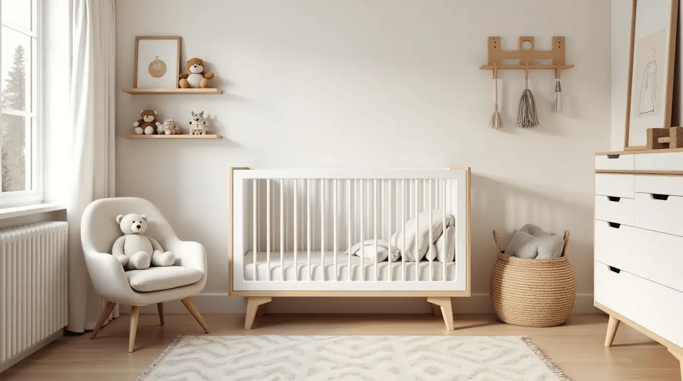 A cozy, modern nursery with a soft neutral color palette, featuring a white crib with wooden legs, a minimalist armchair with a plush teddy bear, and a sleek dresser with wooden accents. The room is illuminated by natural light from a large window with sheer white curtains. Floating wooden shelves hold stuffed animals and decorative elements, while a woven basket with pillows sits beside the crib. The nursery is styled in a Scandinavian-inspired aesthetic with warm textures, soft fabrics, and a serene, clutter-free ambiance.