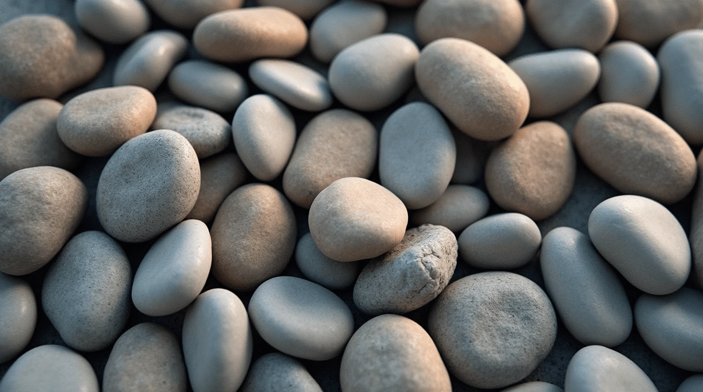 A high-resolution 4K image of smooth, rounded river stones in shades of gray, beige, and light brown. The stones have a naturally polished texture, with soft lighting enhancing their warm, earthy tones, creating a tranquil and organic aesthetic.