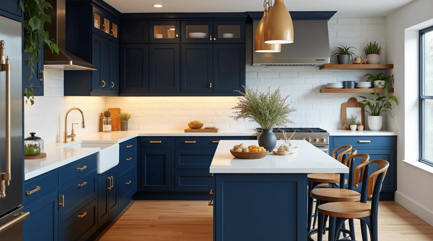 Navy blue kitchen cabinets in a modern kitchen with white countertops, open shelves, and stylish lighting.